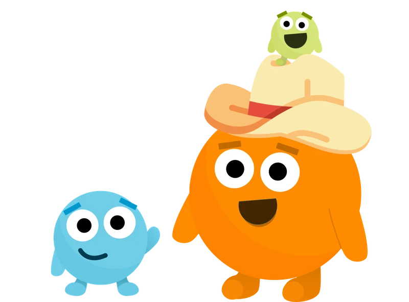 Tappy waving next to two friends: a big orange character in a cowboy hat and a small green one