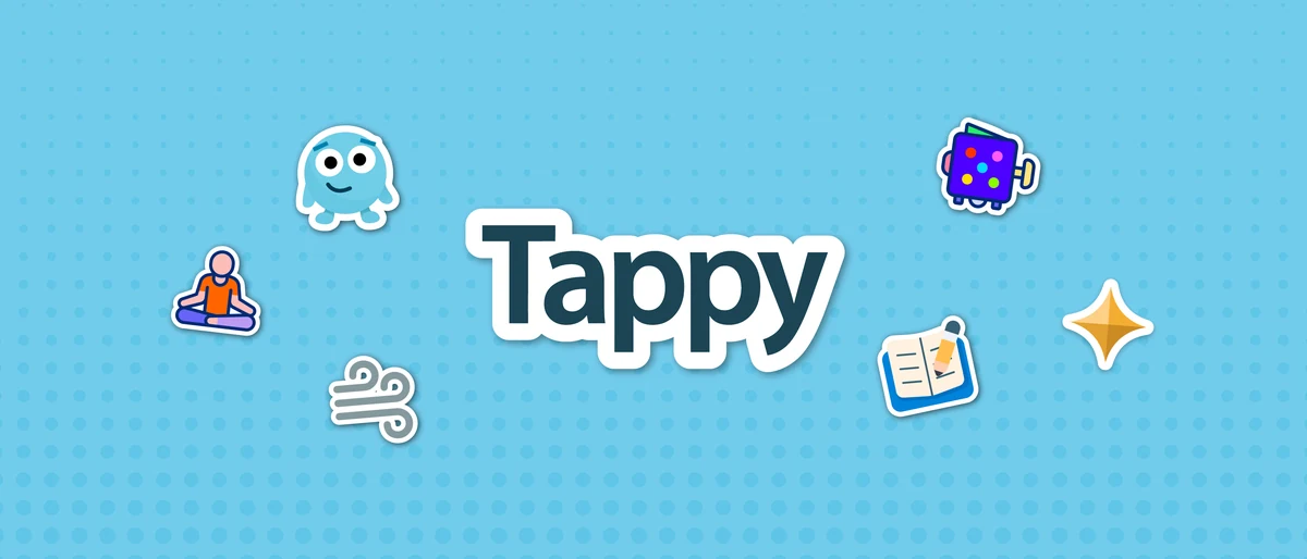 Tappy wordmark on a sky blue background surrounded by stickers