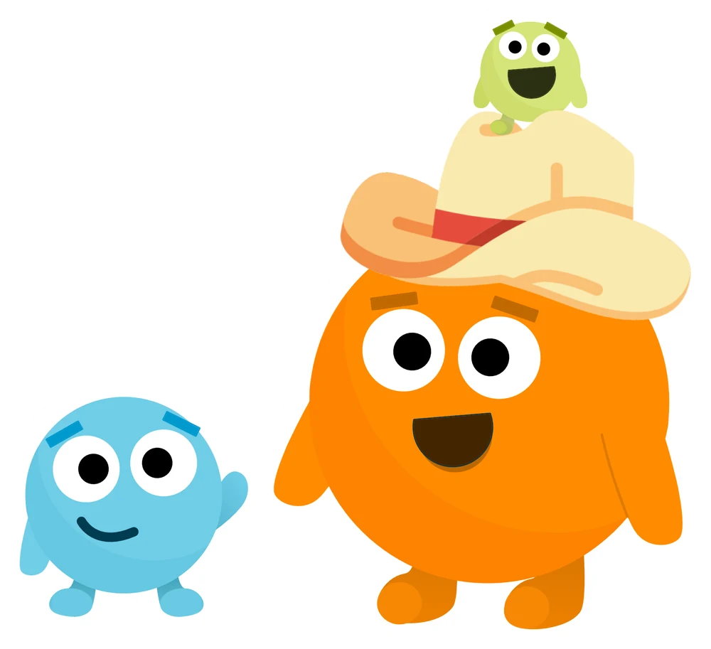 Tappy waving next to two friends: a big orange character in a cowboy hat and a small green one