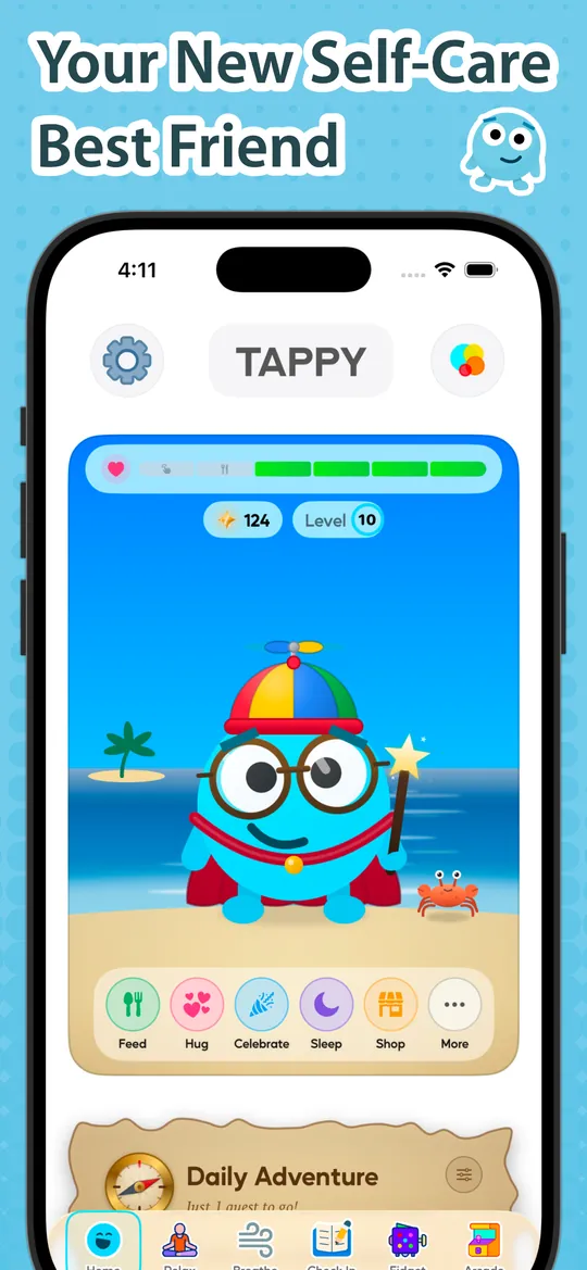 Your New Self-Care Best Friend: Tappy in a propeller hat and glasses on the beach