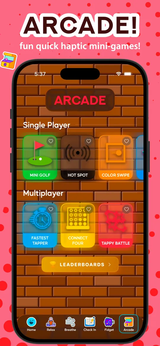 Arcade: fun quick haptic mini-games, single player and multiplayer
