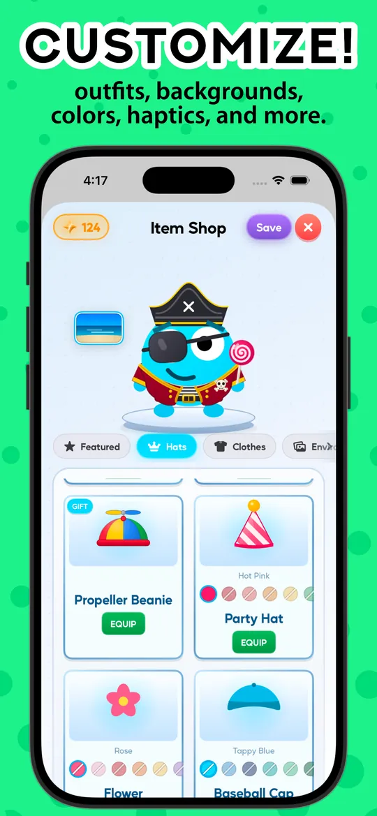 Customize: outfits, backgrounds, colors, and haptics in the Item Shop