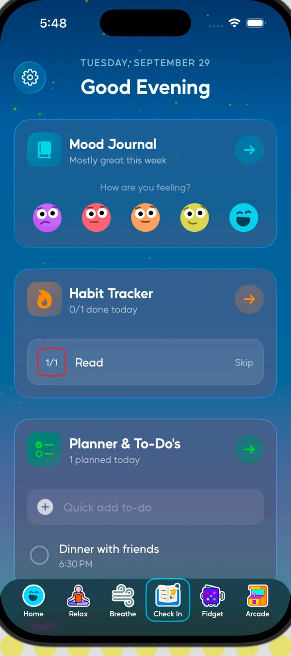 Tappy Check In screen with mood journal, habit tracker, and planner