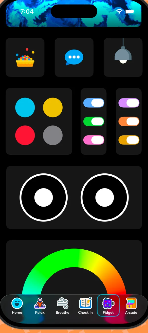 Tappy fidget screen with buttons, toggles, joysticks, and a color dial